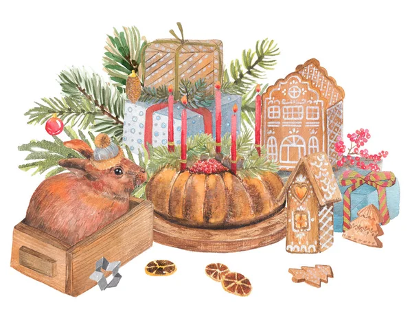Boże Narodzenie akwarela martwa żywotność ze słodyczami, ciasto, Piernik h — Zdjęcie stockowe