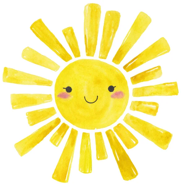 Yellow Watercolor sun, cartoon illustration — Stock Photo, Image