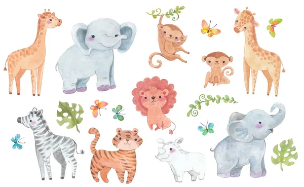 Africa watercolor Animals, Safari animal, tiger, lion, rhino, hi — Stock Vector