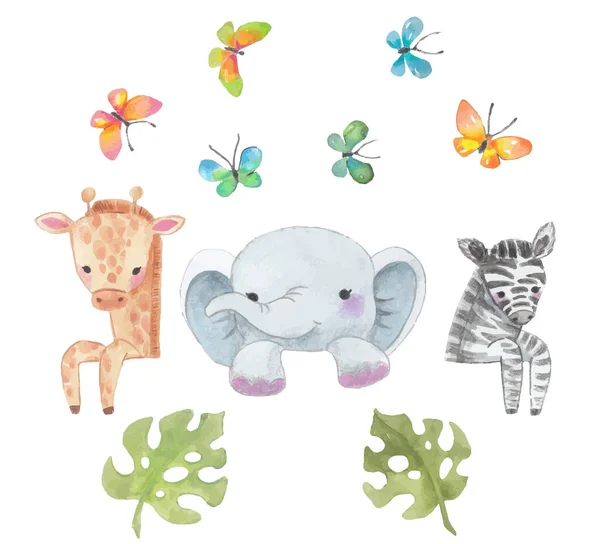 Africa watercolor Animals, Safari animal, elephant, giraffe, zeb — Stock Vector