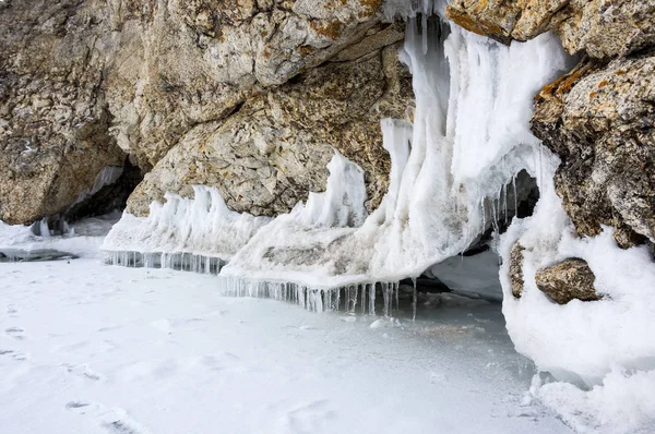 Blick Auf Eiszapfen Baikalsee Insel Olchon Sibirien Russland — Stockfoto