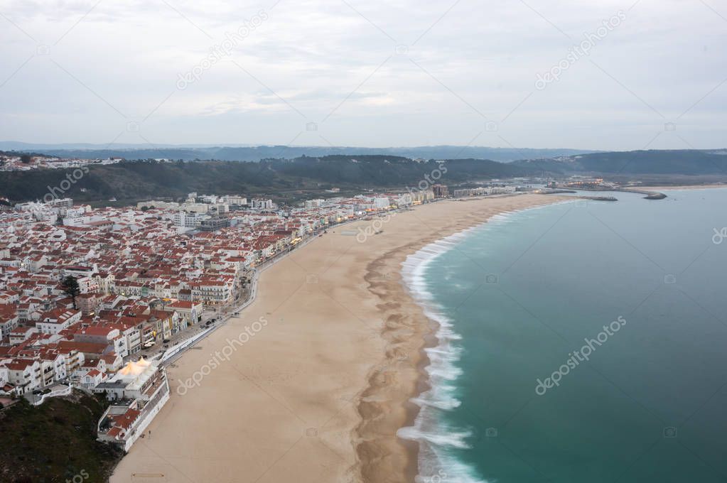 The coast of Atlantic ocean in Nazare, one of the most popular seaside resorts in the Silver Coast, Portugal