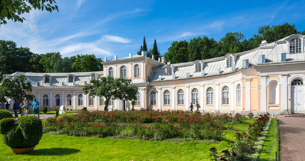 SAINT- PETERSBURG, RUSSIA - JULY 11, 2016: Buiding of the Big Greenhouse in the Lower Garden of Peterhof, Saint-Petersburg, Russia. The park ensemble of Peterhof belongs to the world heritage of UNESCO