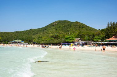 Tayland, Pattaya yakınlarındaki Tayland Körfezi 'ndeki Ko Lan adasında dinlenen turistler