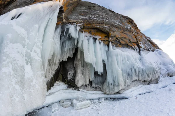 Blick Auf Eiszapfen Baikalsee Insel Olchon Sibirien Russland — Stockfoto