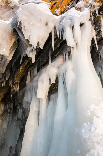 Vista Icicles Lago Baikal Ilha Olkhon Sibéria Rússia — Fotografia de Stock