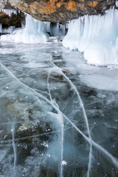 Ice of Lake Baikal, the deepest and largest freshwater lake by volume in the world, located in southern Siberia, Russia