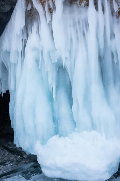 Blick Auf Eiszapfen Baikalsee Insel Olchon Sibirien Russland — Stockfoto