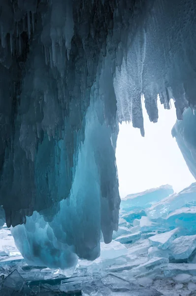 Blick Auf Eiszapfen Baikalsee Insel Olchon Sibirien Russland — Stockfoto