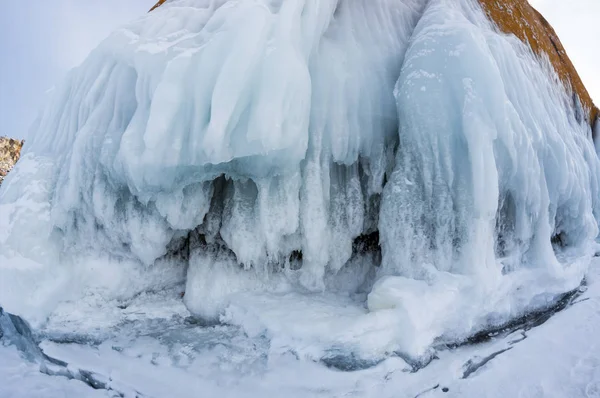 Blick Auf Eiszapfen Baikalsee Insel Olchon Sibirien Russland — Stockfoto