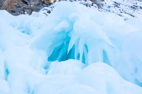 Vista Icicles Lago Baikal Sibéria Rússia — Fotografia de Stock