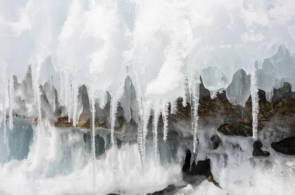 Weergave Voor Icicles Het Baikalmeer Siberië Rusland — Stockfoto