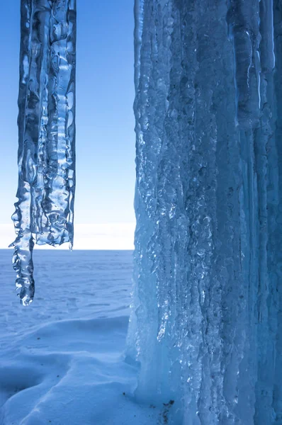 Vista Icicles Lago Baikal Sibéria Rússia — Fotografia de Stock