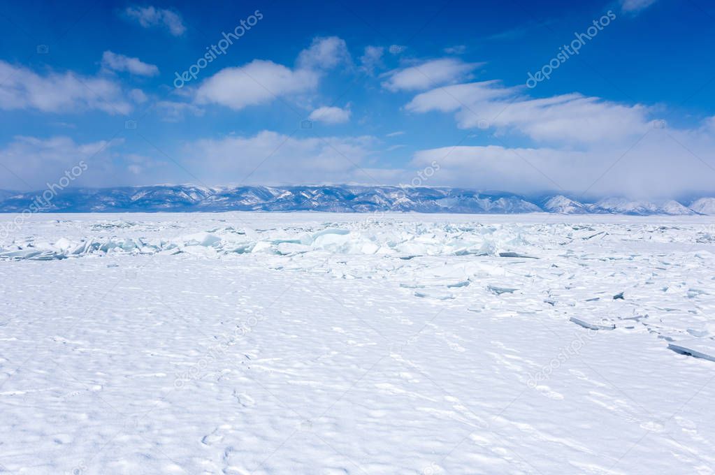 View of Lake Baikal in winter, the deepest and largest freshwater lake by volume in the world, located in southern Siberia, Russia