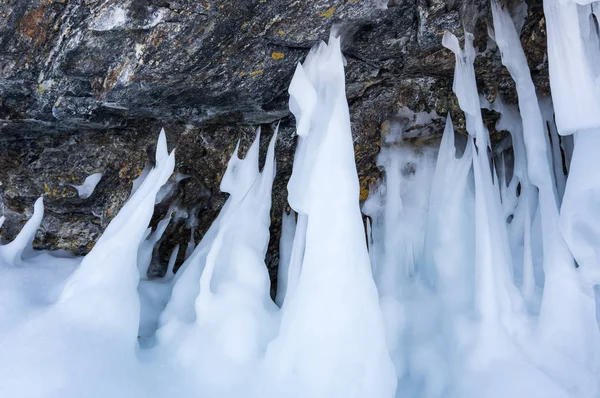 Weergave Voor Icicles Het Baikalmeer Siberië Rusland — Stockfoto