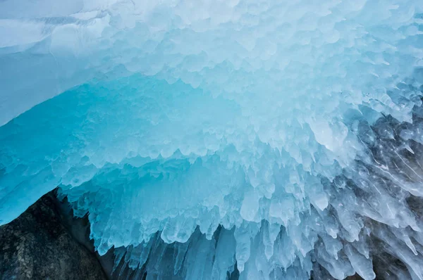 Vista Icicles Lago Baikal Sibéria Rússia — Fotografia de Stock