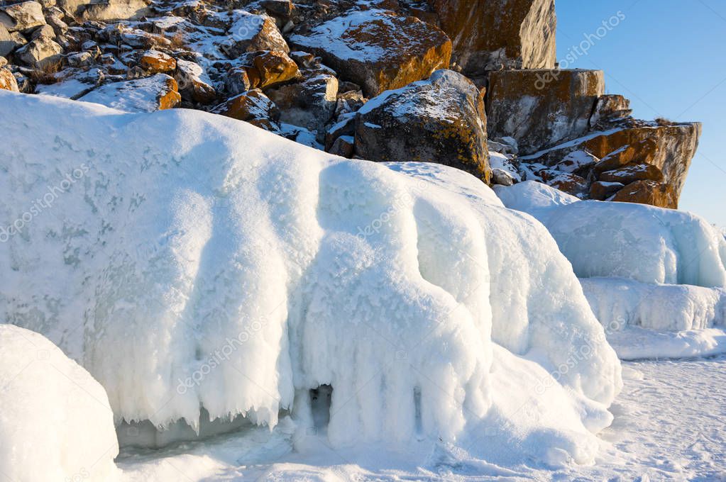 The coast of Olkhon Island on Lake Baikal in winter, Siberia, Russia