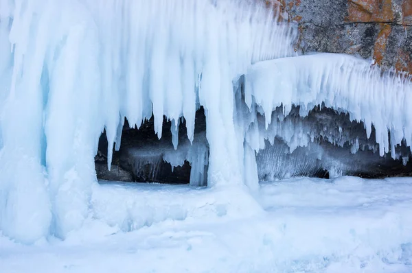 Vista Icicles Lago Baikal Sibéria Rússia — Fotografia de Stock