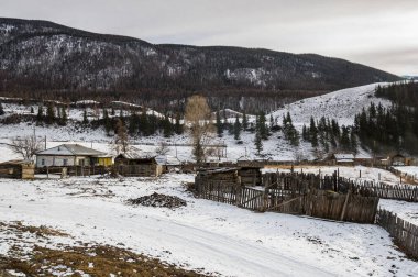 Kışın Altay dağlarındaki köy manzarası, Sibirya, Rusya