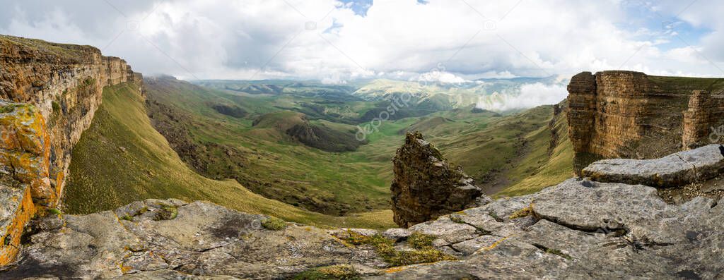 Panoramic view of the Bermamyt Plateau in the Karachay-Cherkessia Republic, Russia