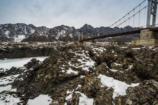 View Bridge River Katun Altay Mountains Winter Siberia Russia — Stock Photo, Image