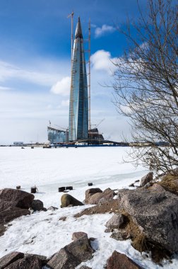 Lakhta Merkezi ve Finlandiya Körfezi 'nin panoramik manzarası, Saint-Petersburg, Rusya