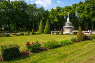 Saint-PETERSBURG, RUSSIA - 18 Haziran 2018: Peterhof, Saint Petersburg, Rusya 'daki Lower Park bahçesindeki Roma çeşmesi. Peterhof park topluluğu UNESCO 'nun dünya mirasına aittir.
