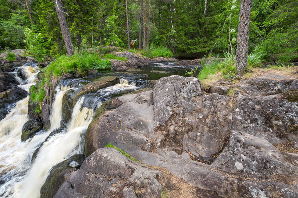 View of Ahvenkoski waterfall in the Republic of Karelia, Russia