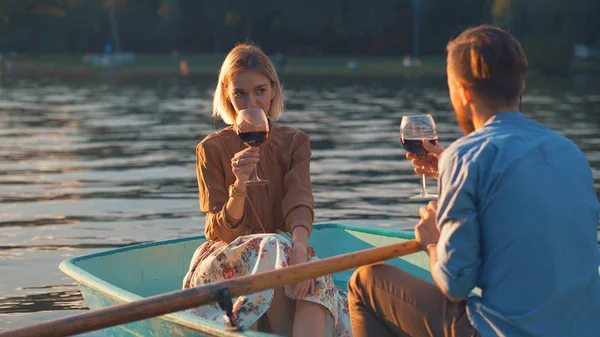 Attractive Couple Glasses Wine Boat — Stock Photo, Image