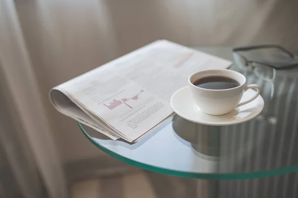 Cup Coffee Newspaper Table — Stock Photo, Image