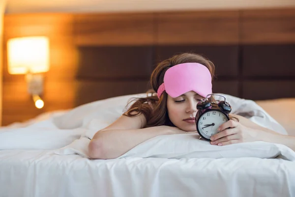 Sleeping Young Girl Alarm Clock Bedroom — Stock Photo, Image