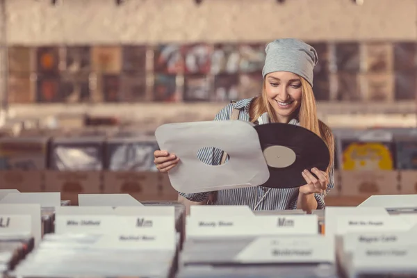 Smiling Attractive Girl Vinyl Record Store — Stock Photo, Image