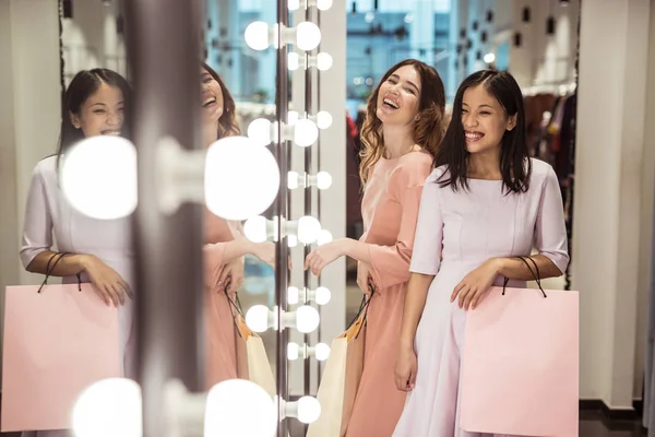 Happy Friends Shopping Bags Store Stock Image