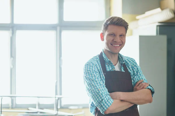 Smiling Young Master Apron Carpentry — Stock Photo, Image