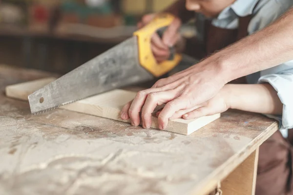 Father Son Sawing Board Carpentry — Stock Photo, Image