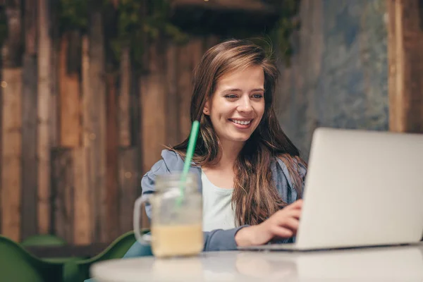 Happy Young Woman Laptop Indoors — Stock Photo, Image