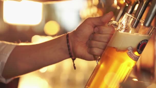 Mensenhanden Giet Bier Binnenshuis — Stockvideo