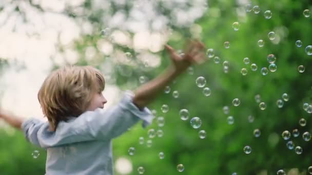 Smiling Boy Soap Bubbles — Stock Video