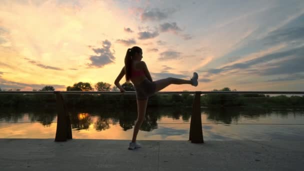 Junge Frau Bei Sonnenuntergang Freien — Stockvideo