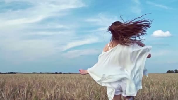 Счастливая Девушка Поле Открытом Воздухе — стоковое видео