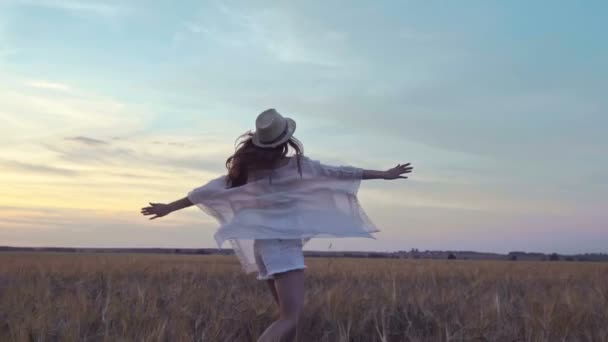 Gelukkige Vrouw Bij Zonsondergang — Stockvideo