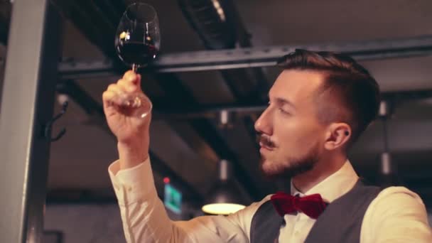 Giovane Sommelier Degustazione Vino — Video Stock