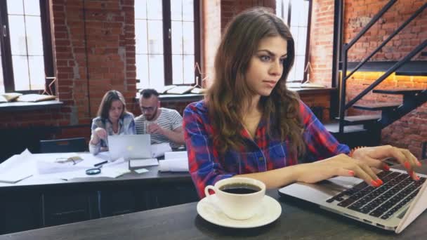 Aantrekkelijk Meisje Met Laptop Het Hok Van Plaats — Stockvideo