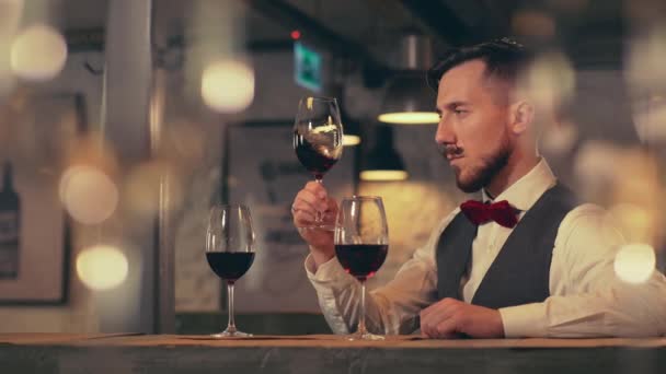 Sommelier Degustação Vinho Dentro Casa — Vídeo de Stock