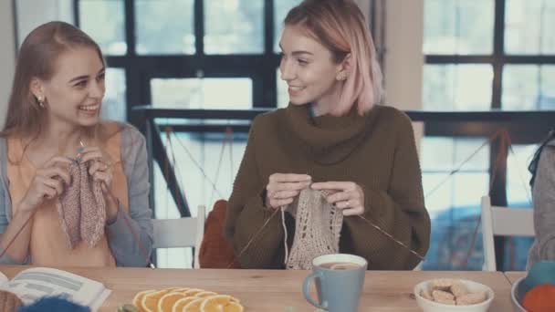 Jovens Meninas Sorridentes Local Trabalho — Vídeo de Stock