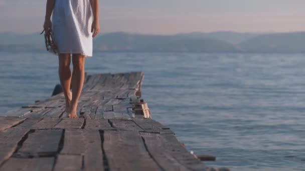 Young Girl Walking Pier — Stock Video