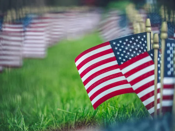 绿色草地上的美国国旗近在咫尺 — 图库照片