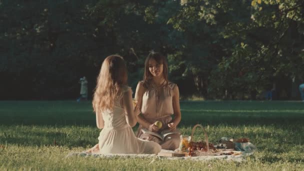 Улыбающиеся Молодые Девушки Пикнике — стоковое видео
