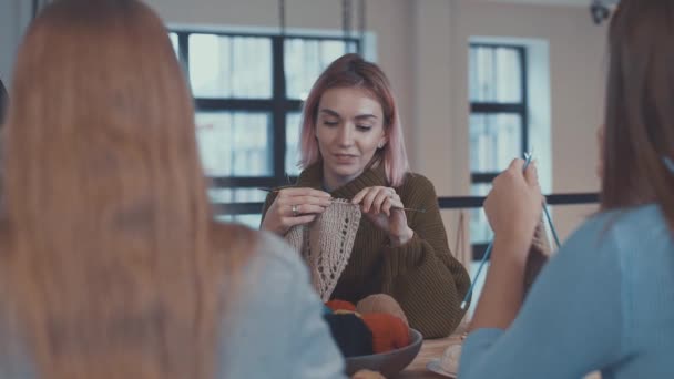 Filles Souriantes Dans Une Leçon Tricot — Video