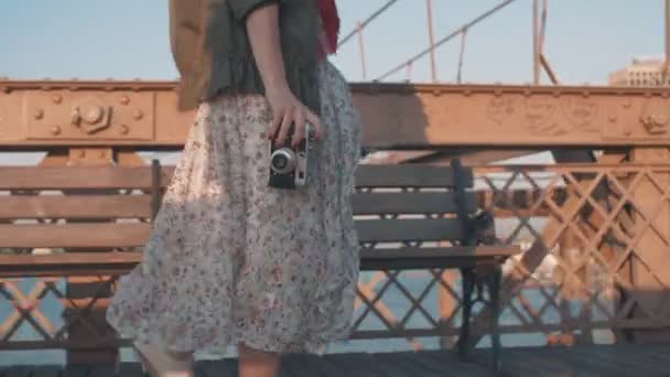 Young Girl Retro Camera Outdoors — Stock Video